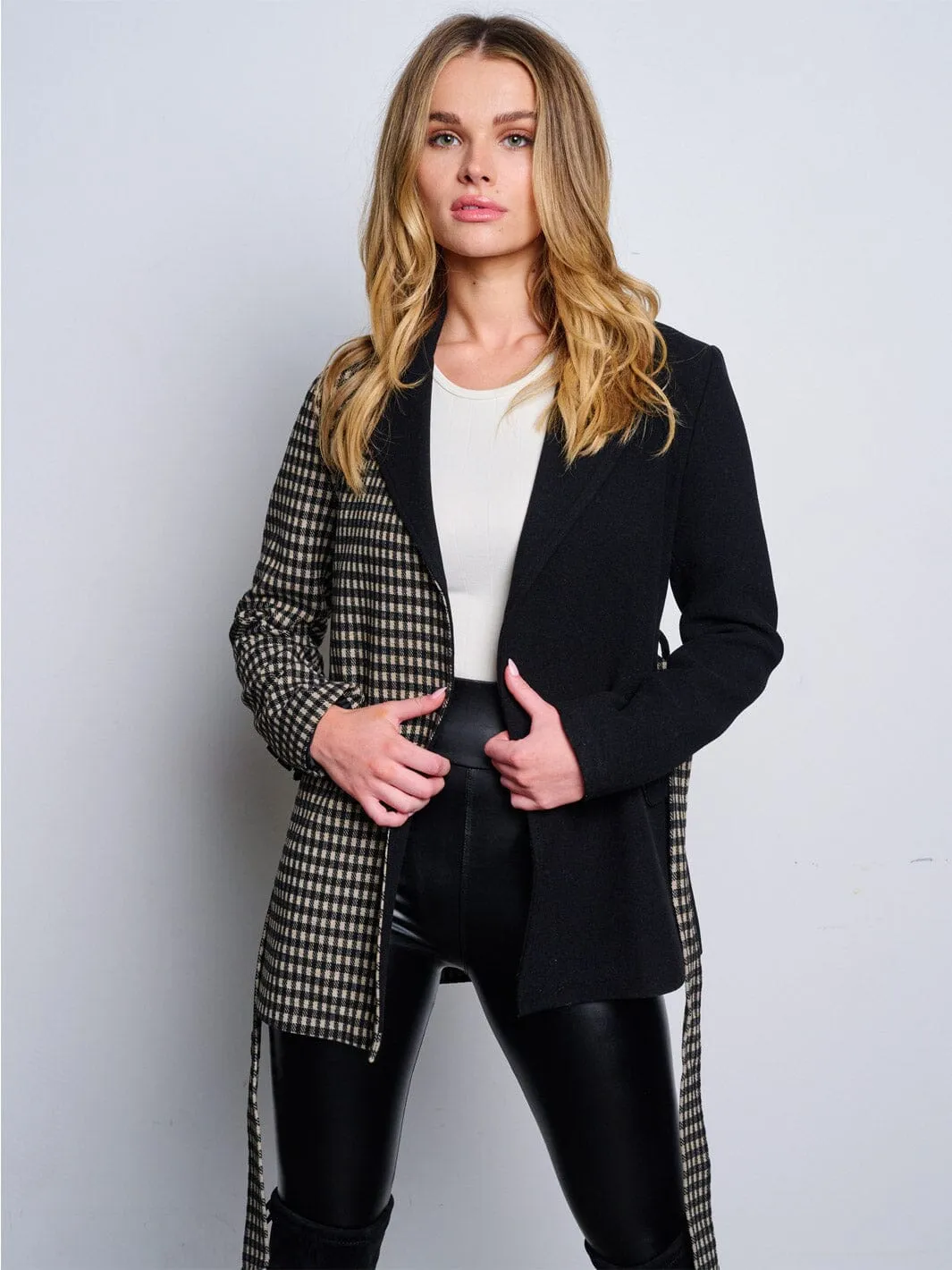 WOMEN'S LONG SLEEVE OPEN FRONT SELF TIE CONTRAST PLAID JACKET
