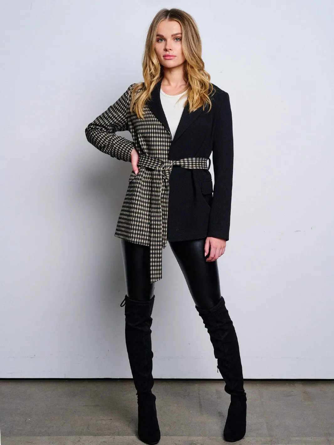 WOMEN'S LONG SLEEVE OPEN FRONT SELF TIE CONTRAST PLAID JACKET
