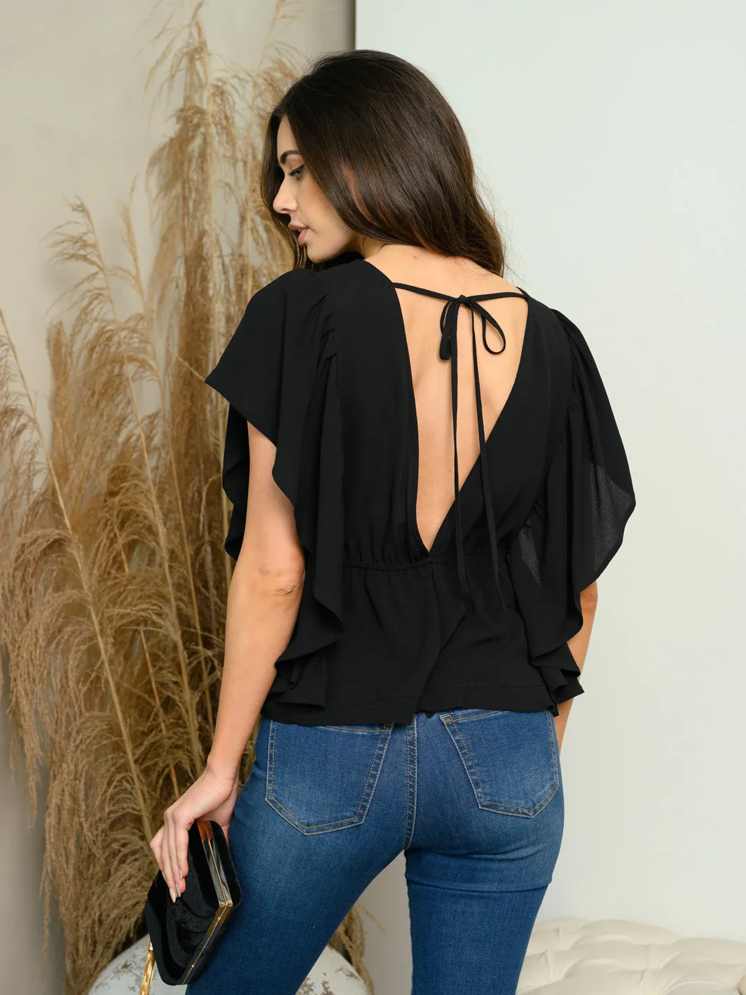 WOMEN'S SHORT RUFFLE BACK TIE TOP