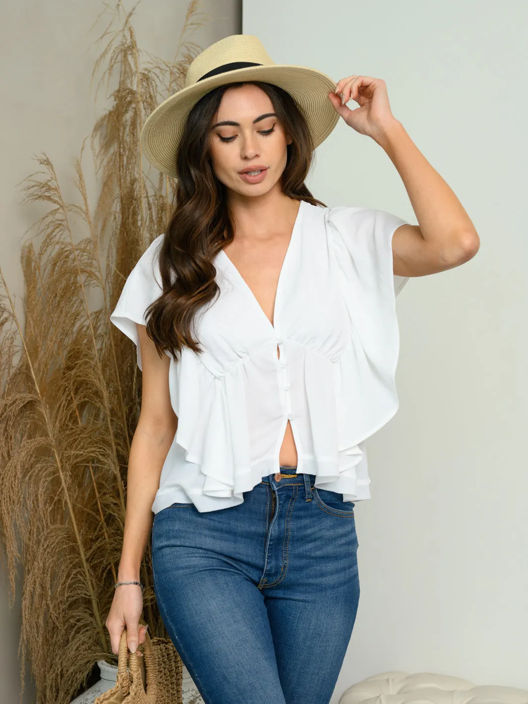 WOMEN'S SHORT RUFFLE BACK TIE TOP