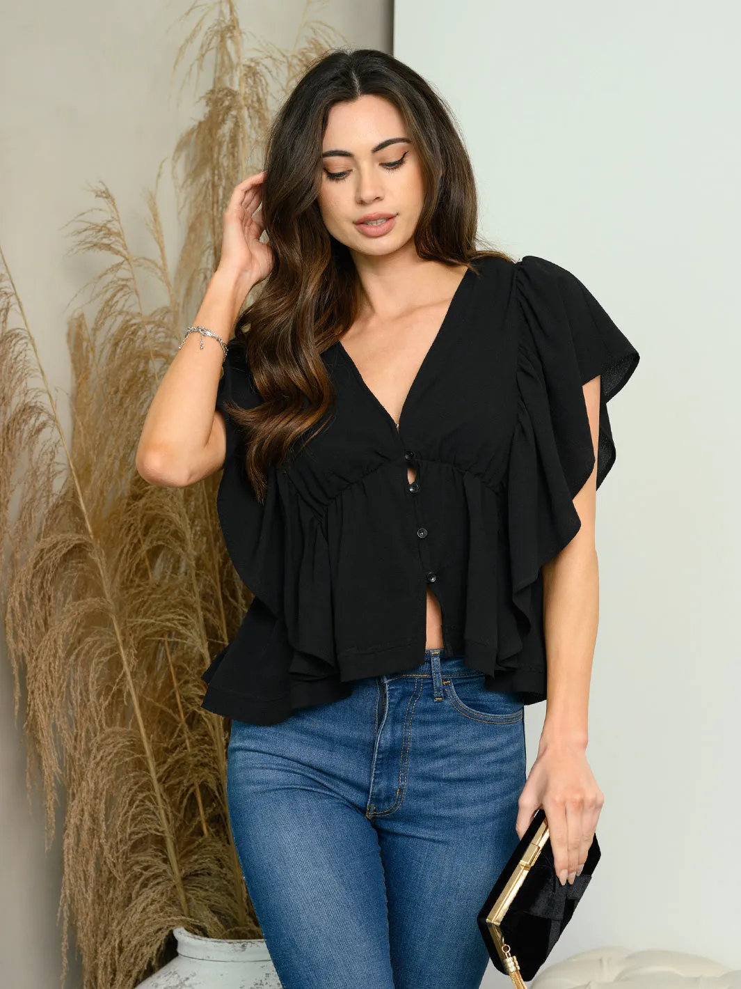 WOMEN'S SHORT RUFFLE BACK TIE TOP