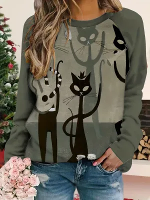 xieyinshe  Long Sleeve Round Neck Casual Sweatshirts, Cat Graphic Sports Pullover Tops, Women's Sporty Sweatshirts