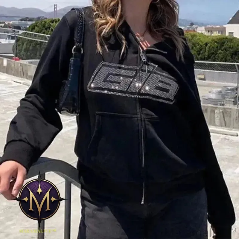 Zip Rhinestone Women Hoodie 2024 Oversized Hoodies E-girl Goth Punk Jacket Long Sleeve White Sweatshirts Trend Streetwear