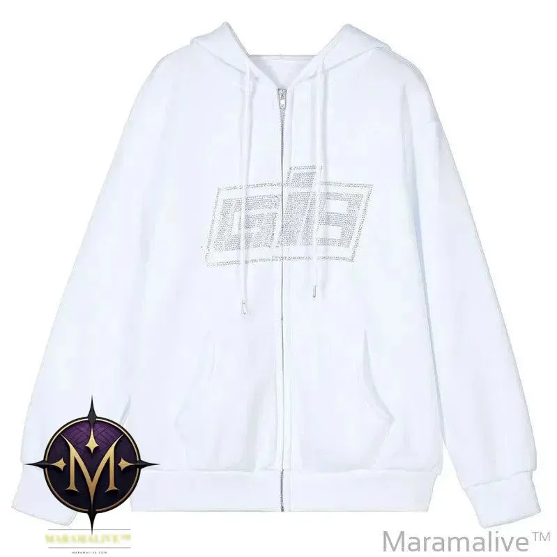 Zip Rhinestone Women Hoodie 2024 Oversized Hoodies E-girl Goth Punk Jacket Long Sleeve White Sweatshirts Trend Streetwear
