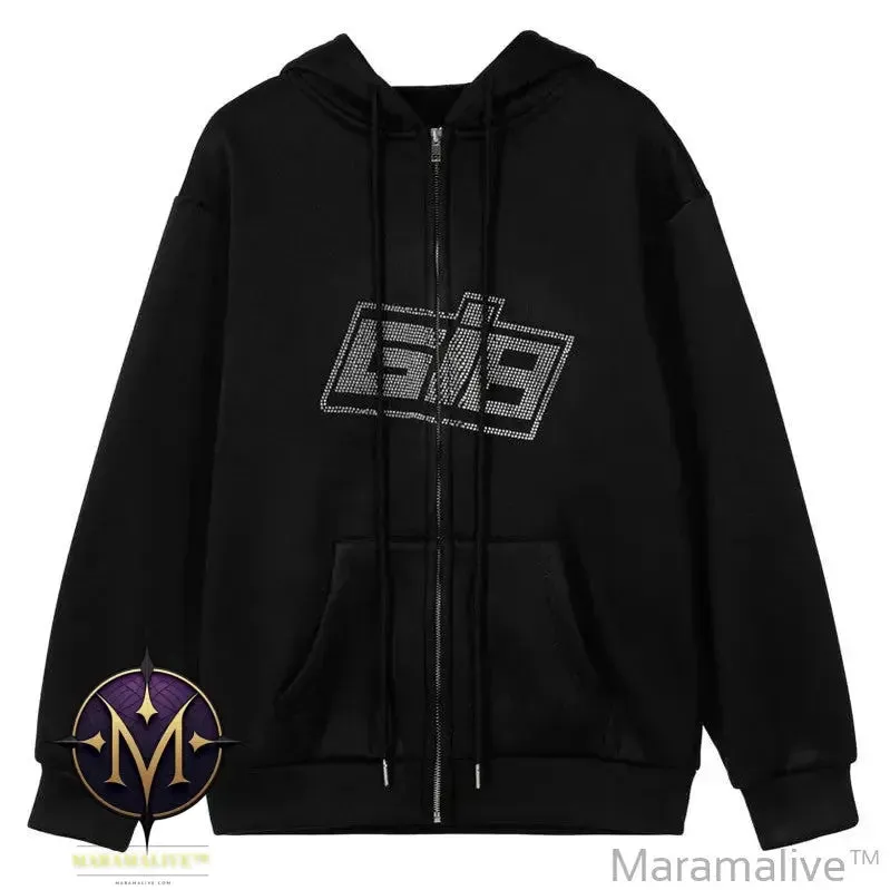 Zip Rhinestone Women Hoodie 2024 Oversized Hoodies E-girl Goth Punk Jacket Long Sleeve White Sweatshirts Trend Streetwear