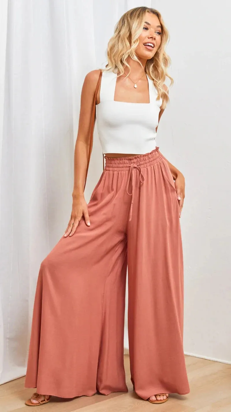 ZOCI Women's Wide Leg Pants with Elastic Waist and Pockets - Casual Full Length Flare Style
