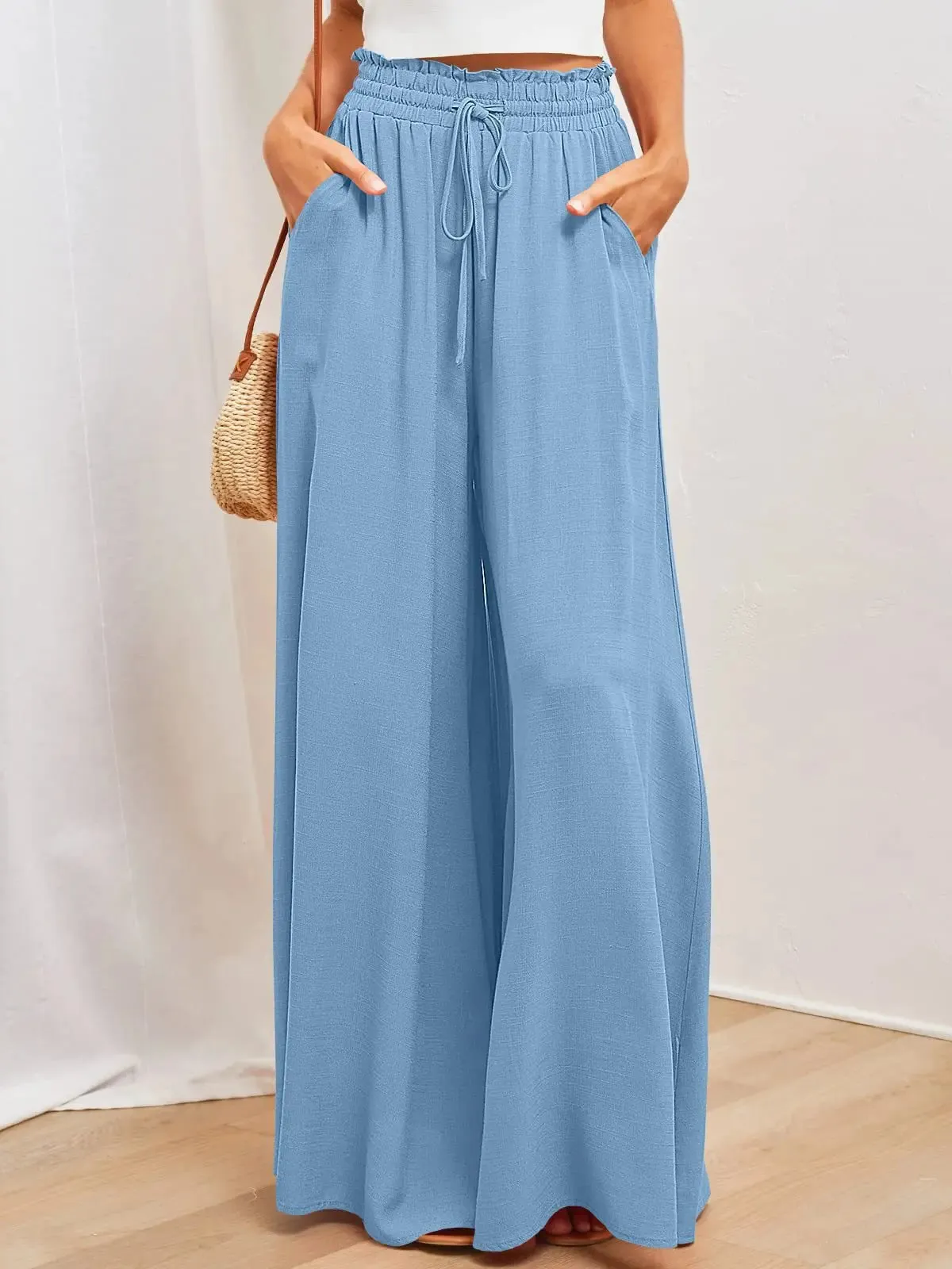 ZOCI Women's Wide Leg Pants with Elastic Waist and Pockets - Casual Full Length Flare Style
