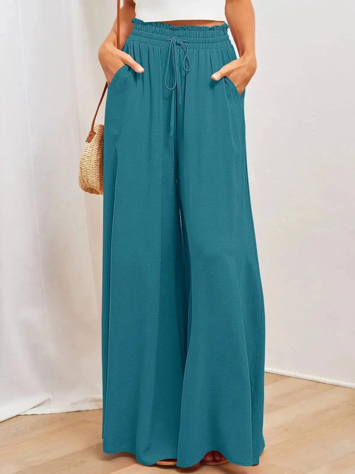 ZOCI Women's Wide Leg Pants with Elastic Waist and Pockets - Casual Full Length Flare Style