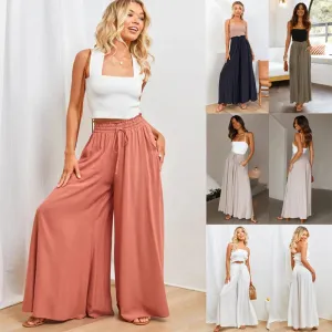 ZOCI Women's Wide Leg Pants with Elastic Waist and Pockets - Casual Full Length Flare Style