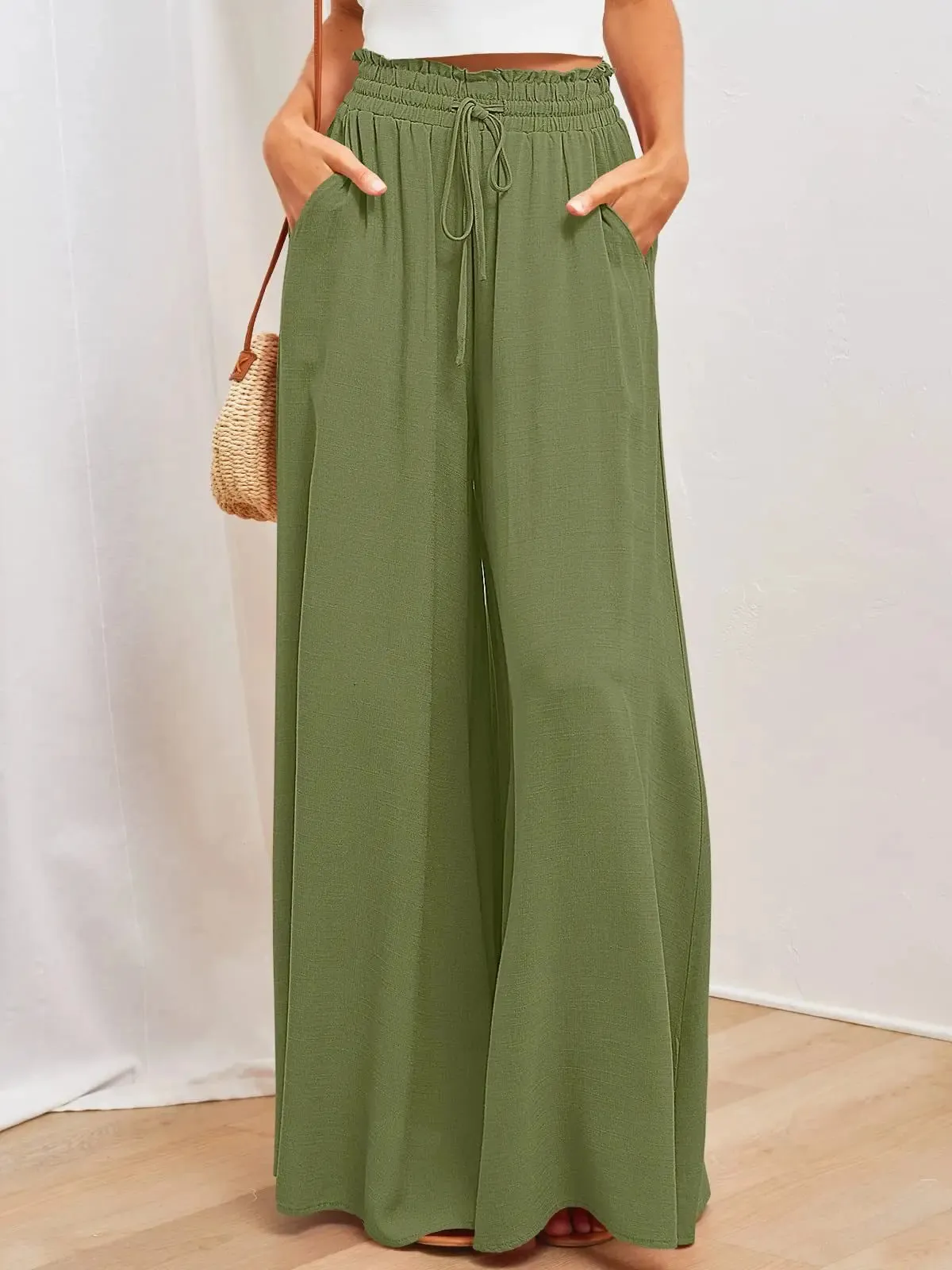 ZOCI Women's Wide Leg Pants with Elastic Waist and Pockets - Casual Full Length Flare Style