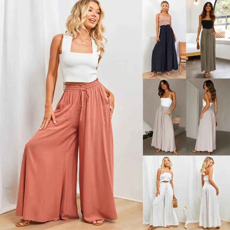 ZOCI Women's Wide Leg Pants with Elastic Waist and Pockets - Casual Full Length Flare Style